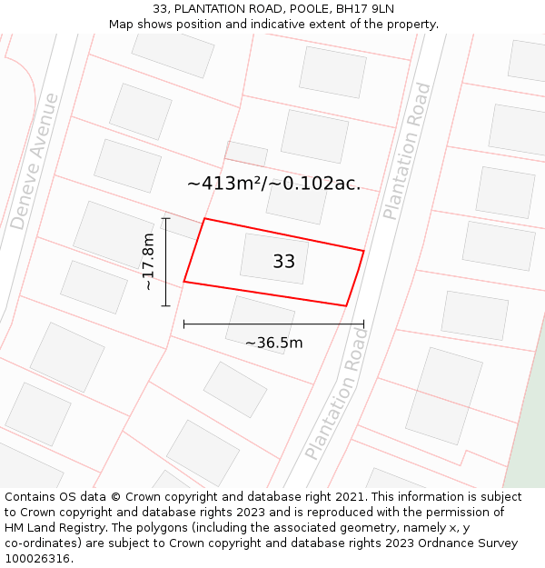 33, PLANTATION ROAD, POOLE, BH17 9LN: Plot and title map
