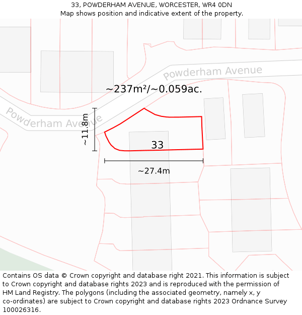 33, POWDERHAM AVENUE, WORCESTER, WR4 0DN: Plot and title map