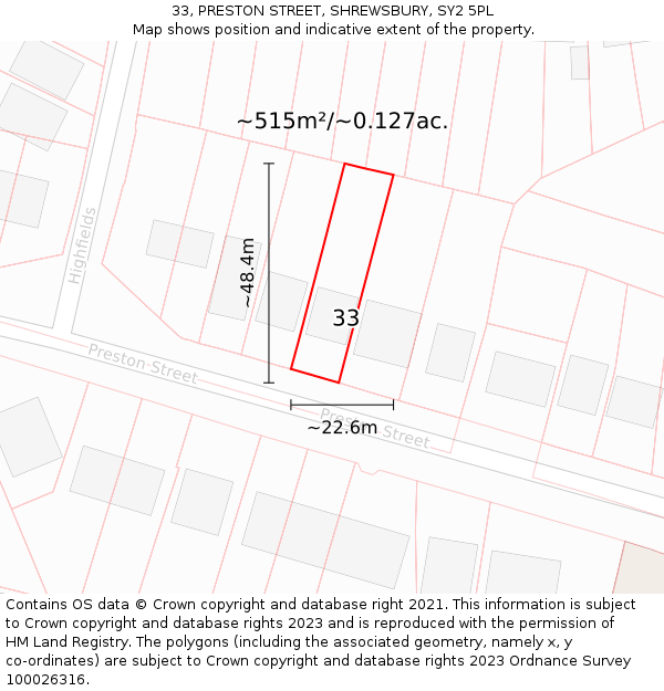 33, PRESTON STREET, SHREWSBURY, SY2 5PL: Plot and title map