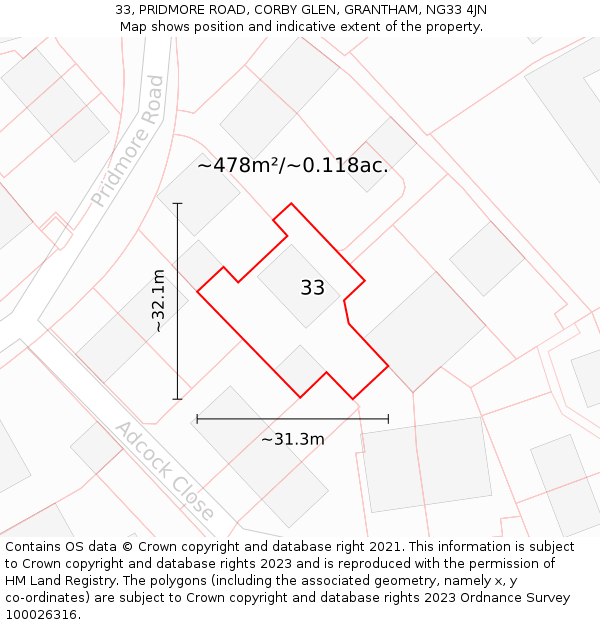 33, PRIDMORE ROAD, CORBY GLEN, GRANTHAM, NG33 4JN: Plot and title map