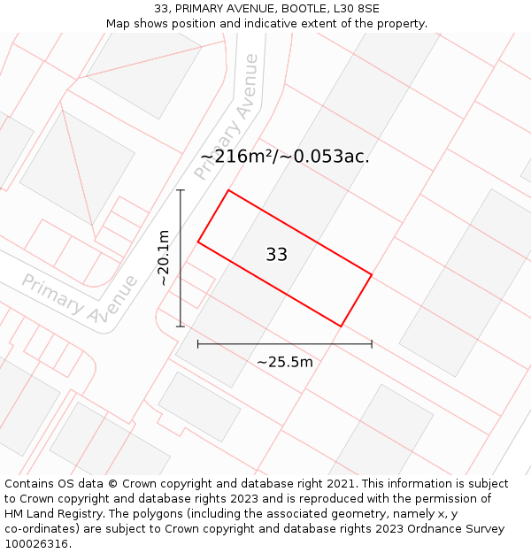 33, PRIMARY AVENUE, BOOTLE, L30 8SE: Plot and title map