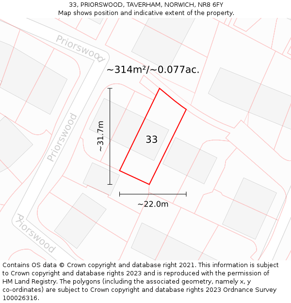 33, PRIORSWOOD, TAVERHAM, NORWICH, NR8 6FY: Plot and title map