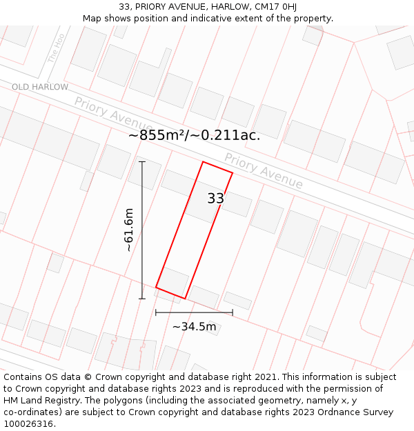 33, PRIORY AVENUE, HARLOW, CM17 0HJ: Plot and title map