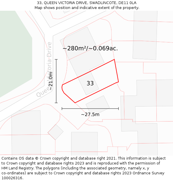 33, QUEEN VICTORIA DRIVE, SWADLINCOTE, DE11 0LA: Plot and title map