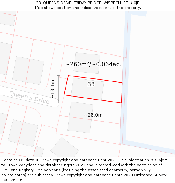 33, QUEENS DRIVE, FRIDAY BRIDGE, WISBECH, PE14 0JB: Plot and title map