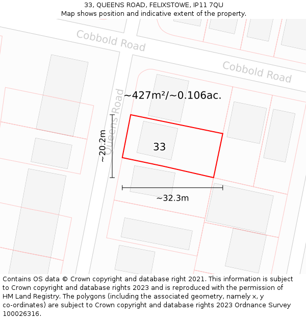 33, QUEENS ROAD, FELIXSTOWE, IP11 7QU: Plot and title map