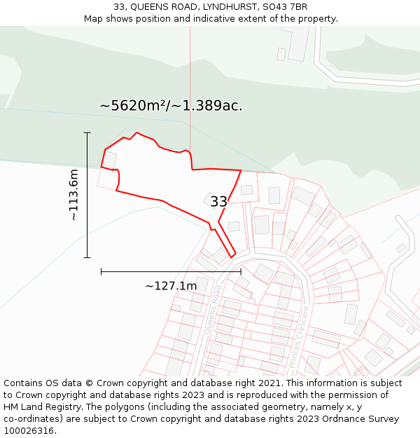 33, QUEENS ROAD, LYNDHURST, SO43 7BR: Plot and title map