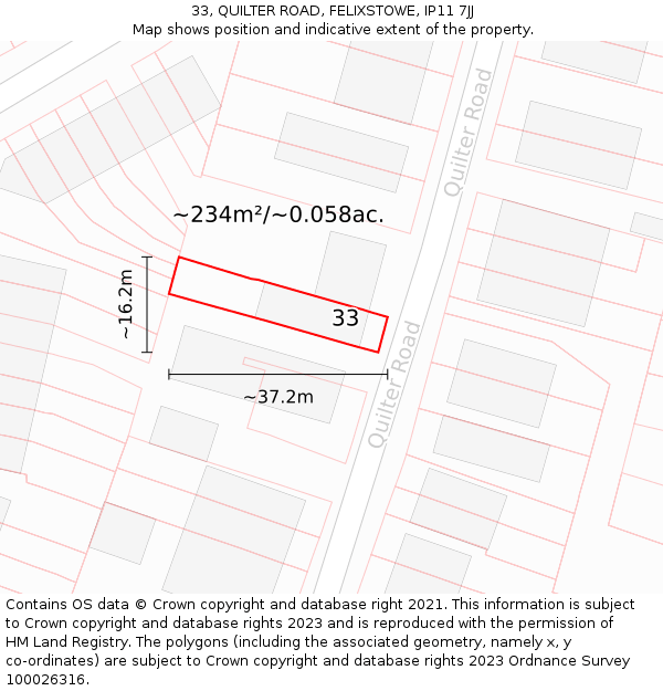 33, QUILTER ROAD, FELIXSTOWE, IP11 7JJ: Plot and title map