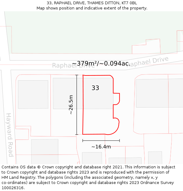 33, RAPHAEL DRIVE, THAMES DITTON, KT7 0BL: Plot and title map