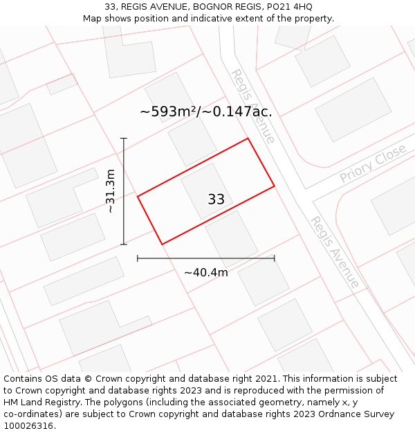 33, REGIS AVENUE, BOGNOR REGIS, PO21 4HQ: Plot and title map