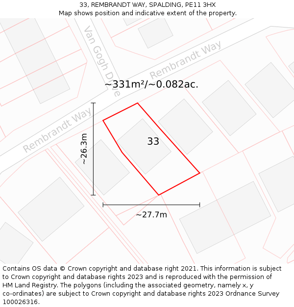 33, REMBRANDT WAY, SPALDING, PE11 3HX: Plot and title map