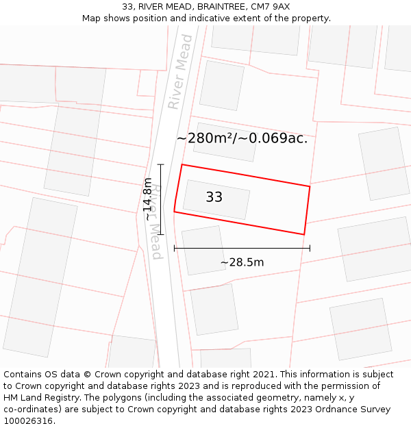 33, RIVER MEAD, BRAINTREE, CM7 9AX: Plot and title map