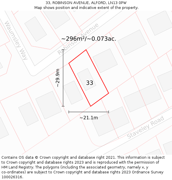 33, ROBINSON AVENUE, ALFORD, LN13 0PW: Plot and title map