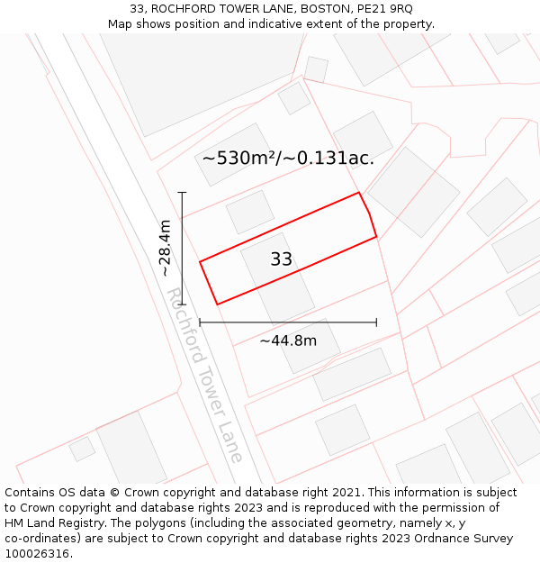 33, ROCHFORD TOWER LANE, BOSTON, PE21 9RQ: Plot and title map