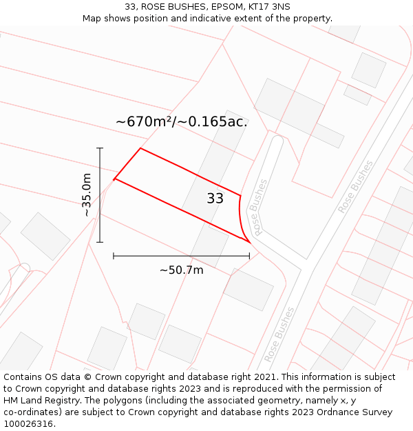 33, ROSE BUSHES, EPSOM, KT17 3NS: Plot and title map