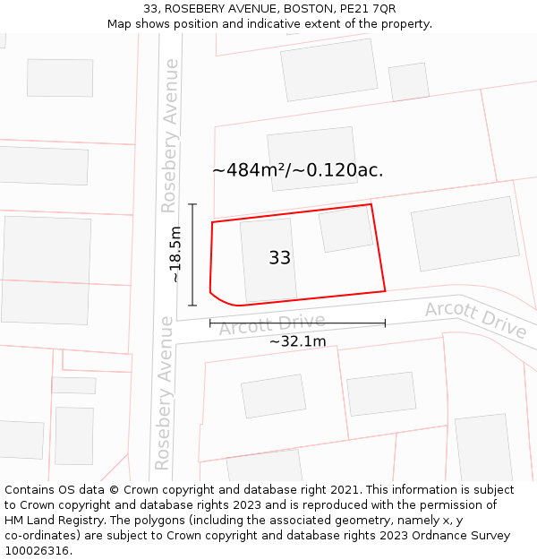 33, ROSEBERY AVENUE, BOSTON, PE21 7QR: Plot and title map