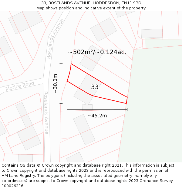 33, ROSELANDS AVENUE, HODDESDON, EN11 9BD: Plot and title map