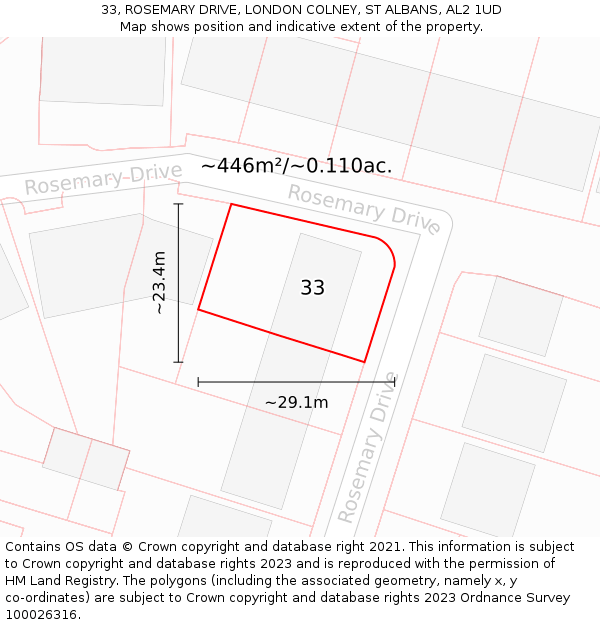 33, ROSEMARY DRIVE, LONDON COLNEY, ST ALBANS, AL2 1UD: Plot and title map
