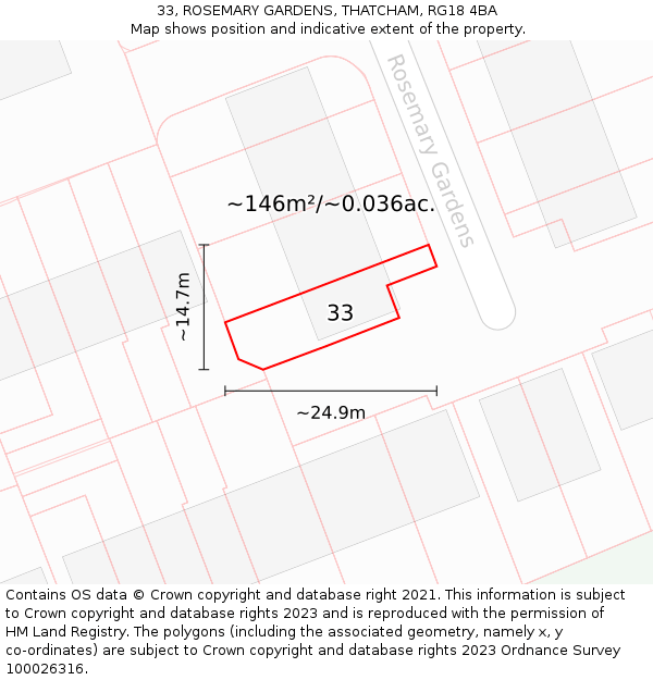 33, ROSEMARY GARDENS, THATCHAM, RG18 4BA: Plot and title map