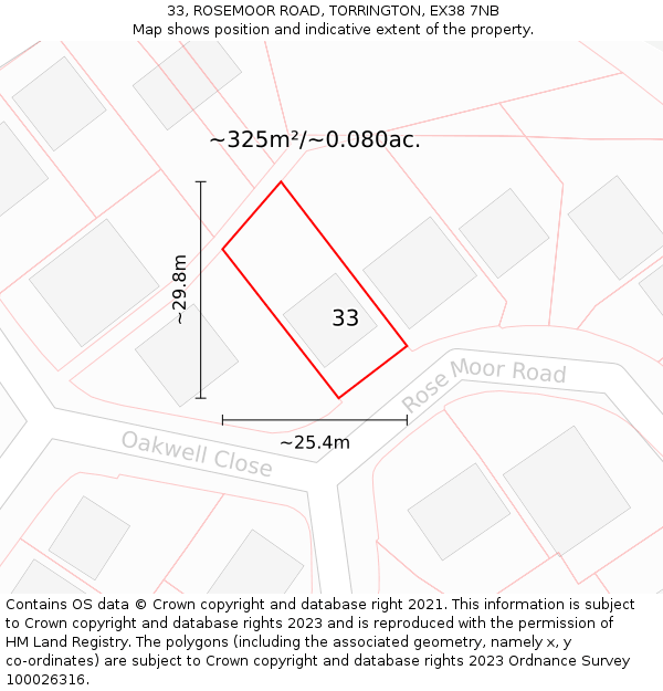 33, ROSEMOOR ROAD, TORRINGTON, EX38 7NB: Plot and title map