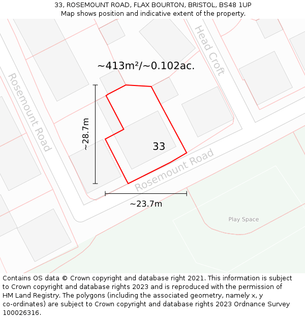 33, ROSEMOUNT ROAD, FLAX BOURTON, BRISTOL, BS48 1UP: Plot and title map