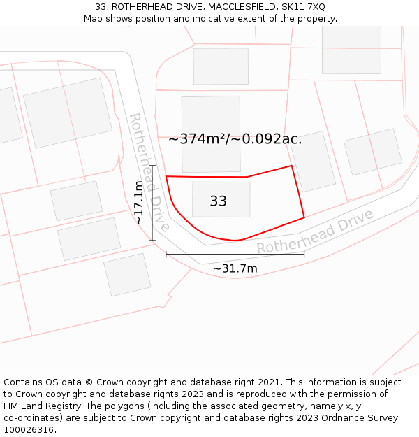 33, ROTHERHEAD DRIVE, MACCLESFIELD, SK11 7XQ: Plot and title map