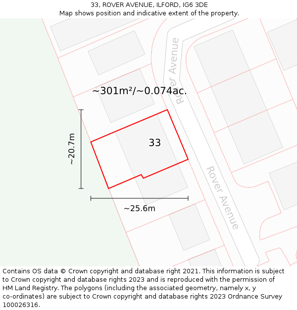 33, ROVER AVENUE, ILFORD, IG6 3DE: Plot and title map