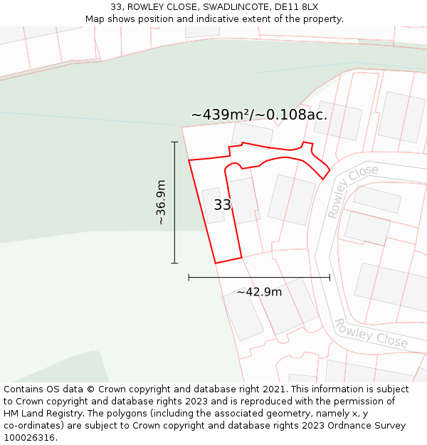 33, ROWLEY CLOSE, SWADLINCOTE, DE11 8LX: Plot and title map