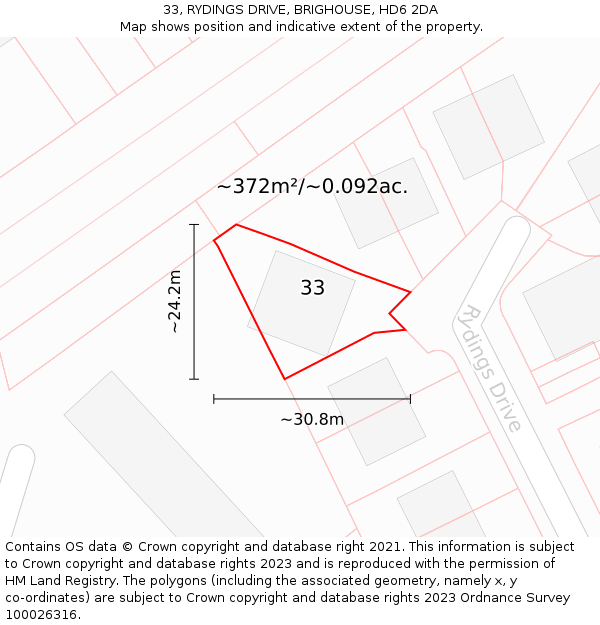 33, RYDINGS DRIVE, BRIGHOUSE, HD6 2DA: Plot and title map