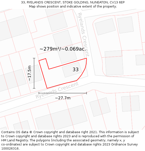 33, RYELANDS CRESCENT, STOKE GOLDING, NUNEATON, CV13 6EP: Plot and title map