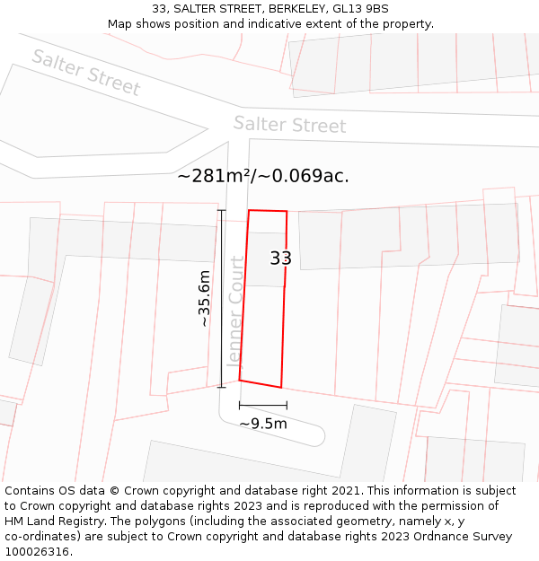33, SALTER STREET, BERKELEY, GL13 9BS: Plot and title map