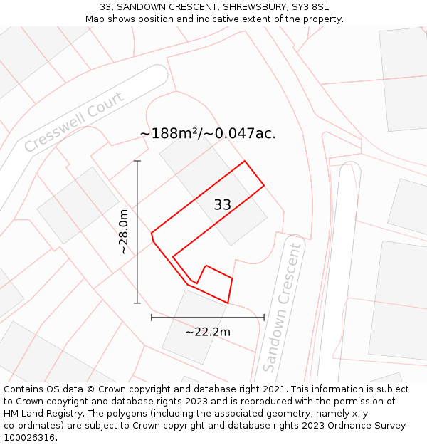 33, SANDOWN CRESCENT, SHREWSBURY, SY3 8SL: Plot and title map