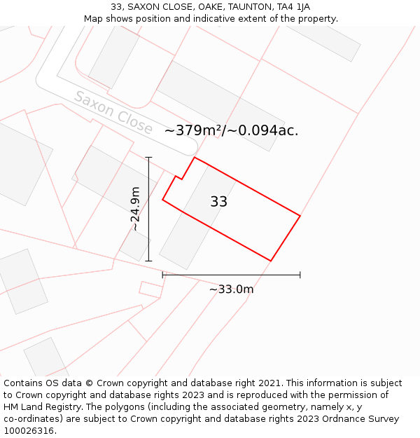 33, SAXON CLOSE, OAKE, TAUNTON, TA4 1JA: Plot and title map