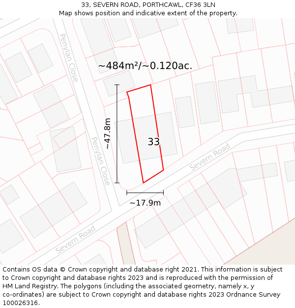 33, SEVERN ROAD, PORTHCAWL, CF36 3LN: Plot and title map