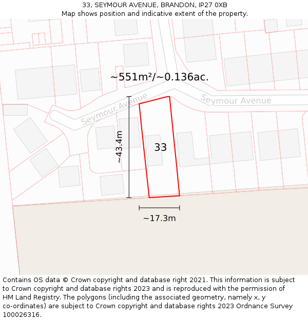 33, SEYMOUR AVENUE, BRANDON, IP27 0XB: Plot and title map