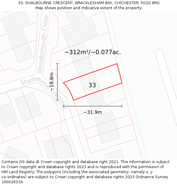 33, SHALBOURNE CRESCENT, BRACKLESHAM BAY, CHICHESTER, PO20 8RG: Plot and title map