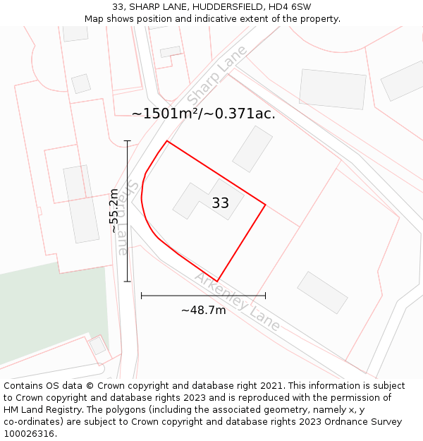 33, SHARP LANE, HUDDERSFIELD, HD4 6SW: Plot and title map