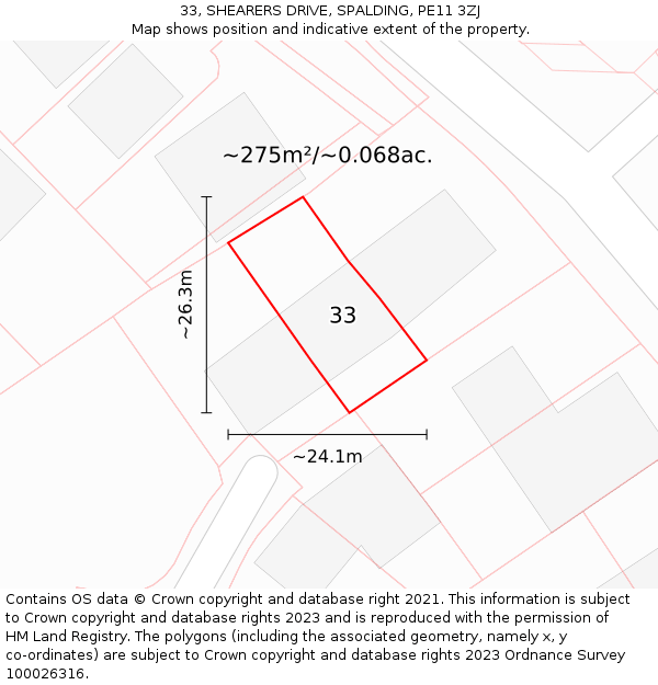 33, SHEARERS DRIVE, SPALDING, PE11 3ZJ: Plot and title map