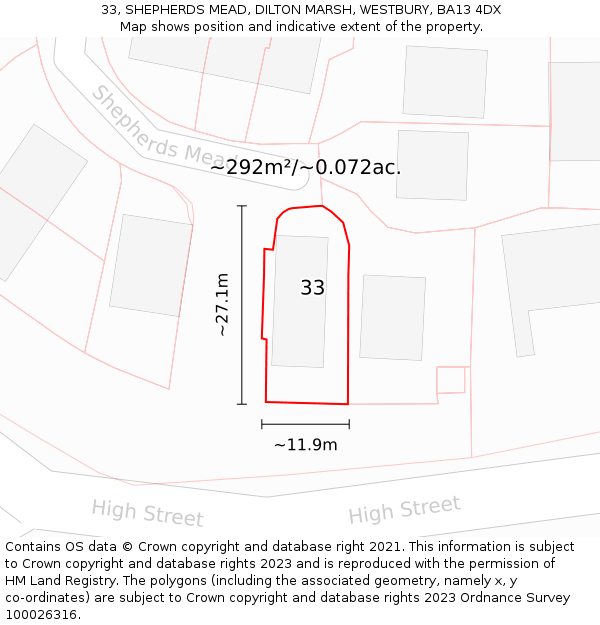 33, SHEPHERDS MEAD, DILTON MARSH, WESTBURY, BA13 4DX: Plot and title map