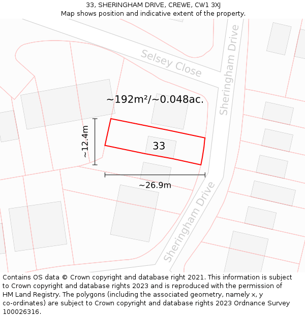 33, SHERINGHAM DRIVE, CREWE, CW1 3XJ: Plot and title map