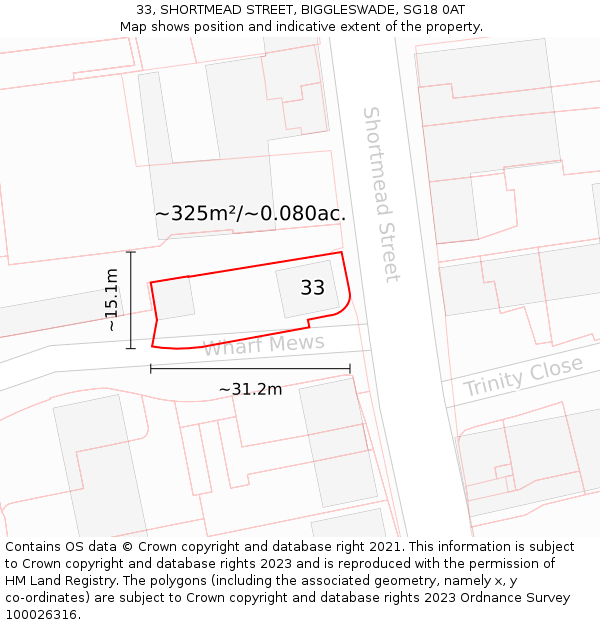 33, SHORTMEAD STREET, BIGGLESWADE, SG18 0AT: Plot and title map