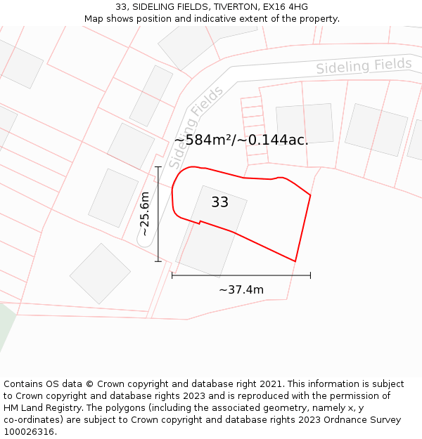 33, SIDELING FIELDS, TIVERTON, EX16 4HG: Plot and title map