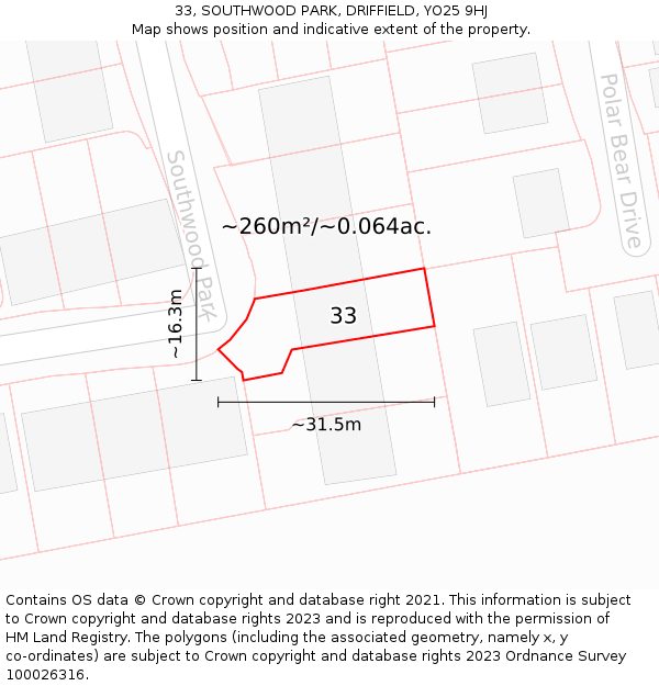 33, SOUTHWOOD PARK, DRIFFIELD, YO25 9HJ: Plot and title map