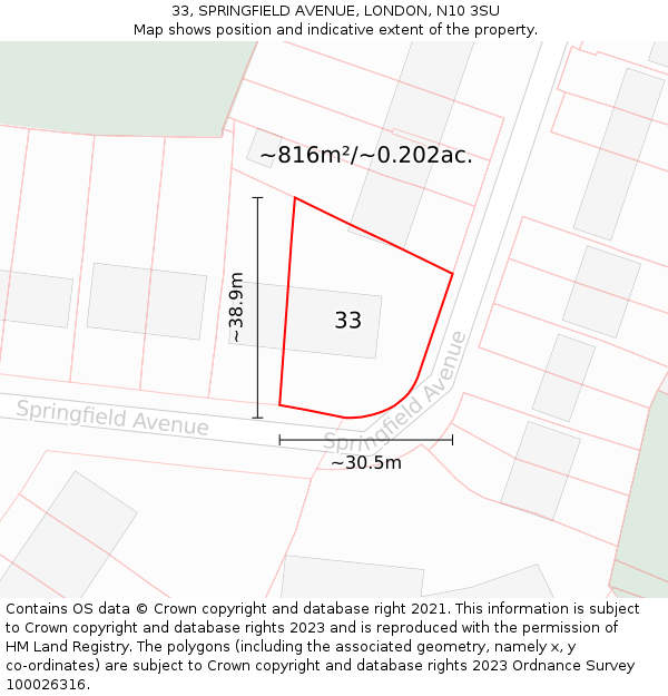 33, SPRINGFIELD AVENUE, LONDON, N10 3SU: Plot and title map