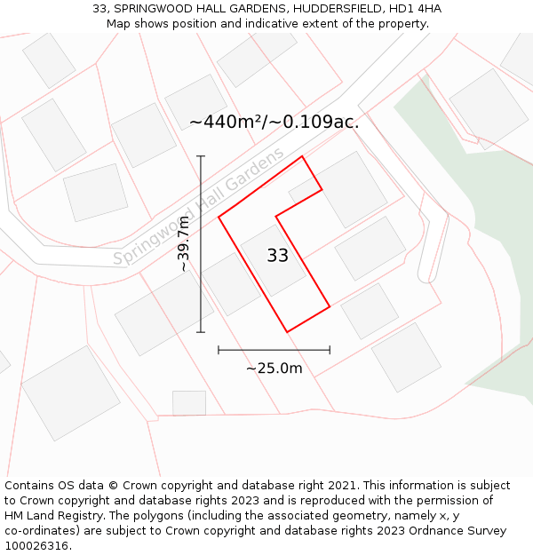 33, SPRINGWOOD HALL GARDENS, HUDDERSFIELD, HD1 4HA: Plot and title map