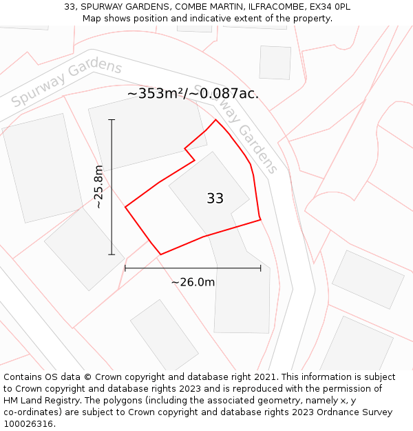 33, SPURWAY GARDENS, COMBE MARTIN, ILFRACOMBE, EX34 0PL: Plot and title map