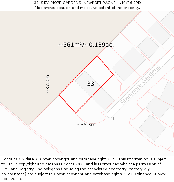 33, STANMORE GARDENS, NEWPORT PAGNELL, MK16 0PD: Plot and title map