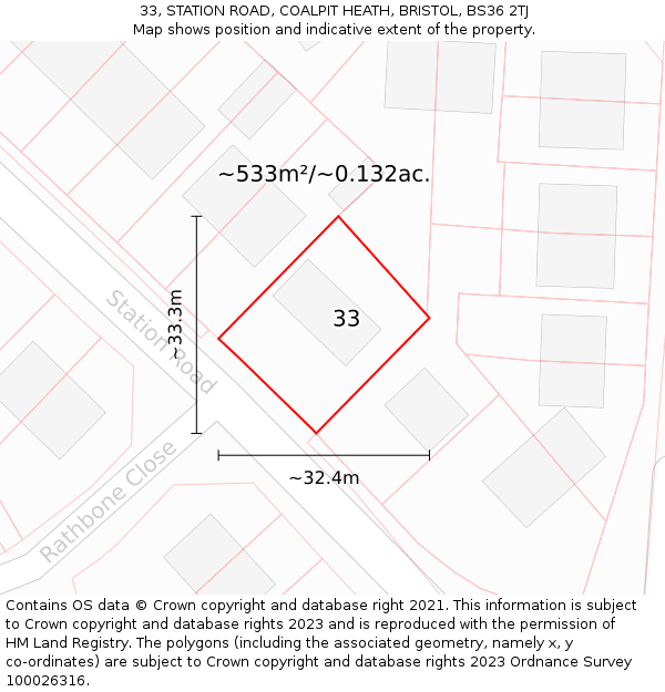 33, STATION ROAD, COALPIT HEATH, BRISTOL, BS36 2TJ: Plot and title map