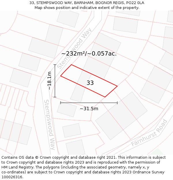 33, STEMPSWOOD WAY, BARNHAM, BOGNOR REGIS, PO22 0LA: Plot and title map