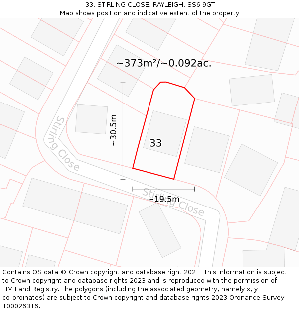 33, STIRLING CLOSE, RAYLEIGH, SS6 9GT: Plot and title map